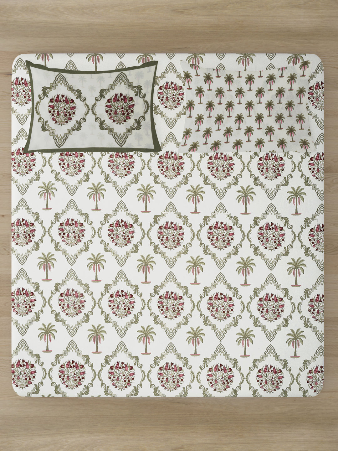 Rajasthan Decor White and Green Cotton Abstract Print King Bed sheet with 2 Pillow Covers