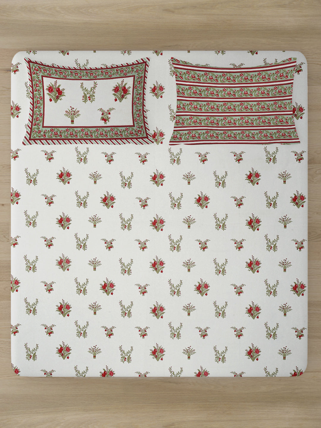 Rajasthan Decor White and Red Cotton Flower Print King Bed sheet with 2 Pillow Covers