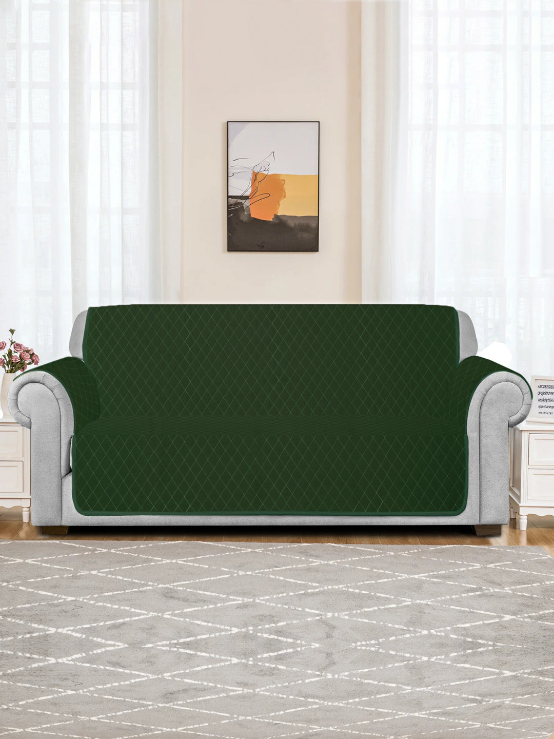Green Quilted Printed Cotton 2 Seater Sofa Cover