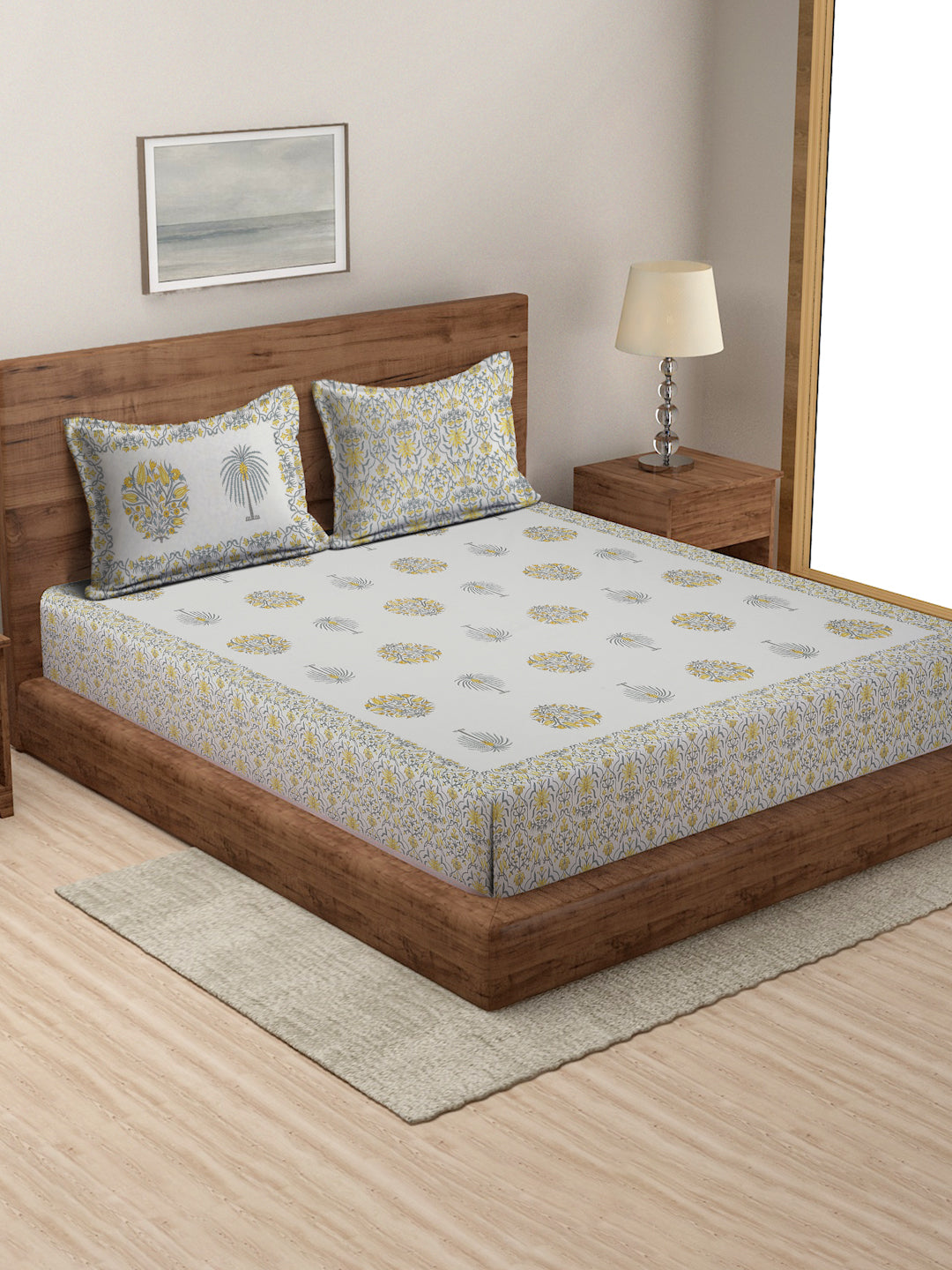 White Floral 180 TC King Bedsheet with 2 Pillow Covers