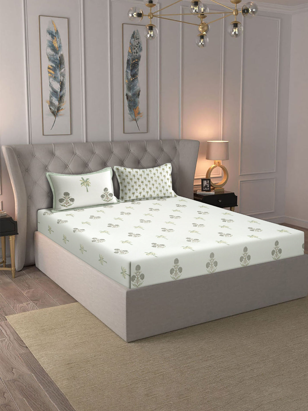 Rajasthan Decor White and Green Cotton Flower Print King Bed sheet with 2 Pillow Covers