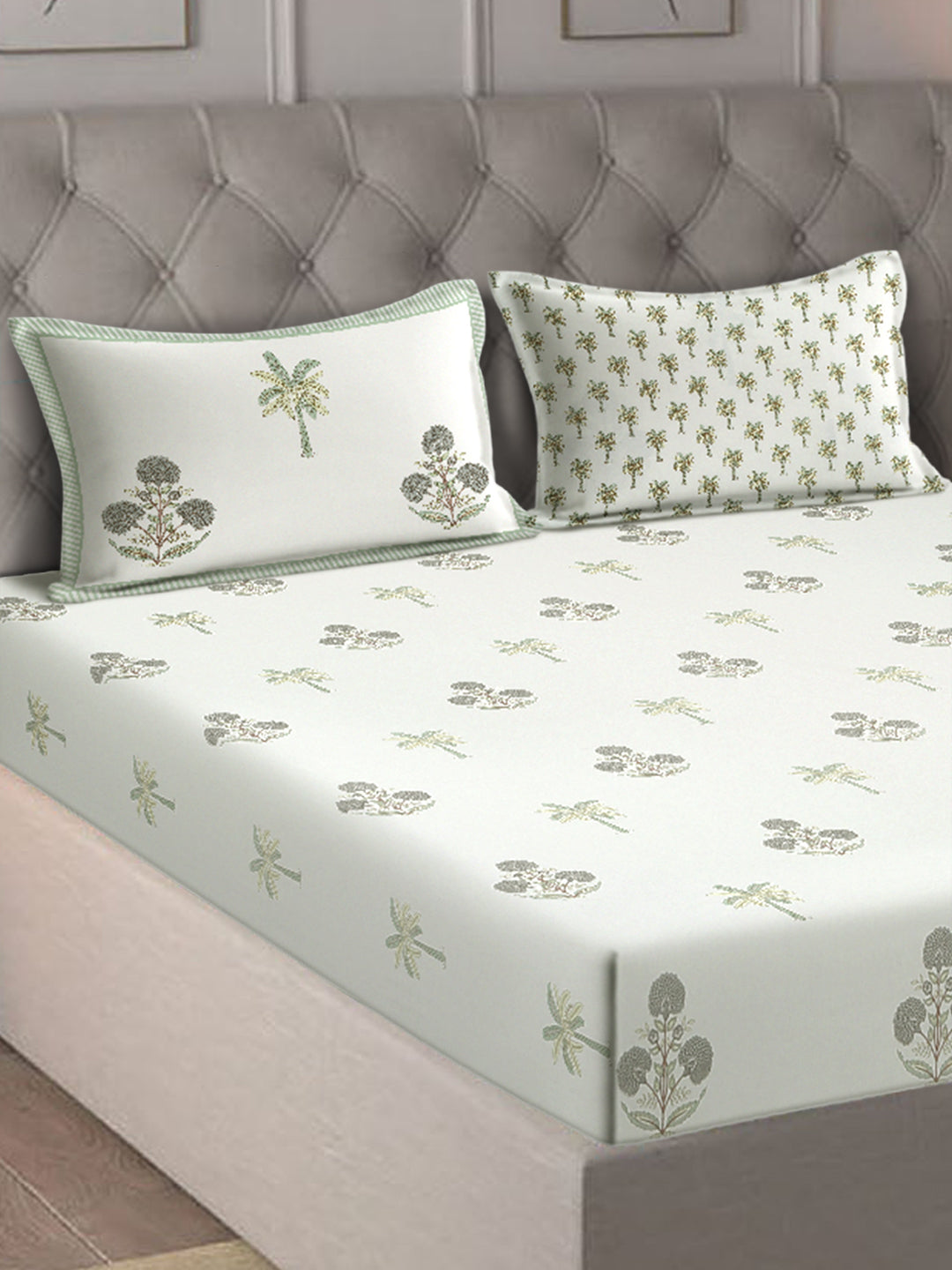 Rajasthan Decor White and Green Cotton Flower Print King Bed sheet with 2 Pillow Covers
