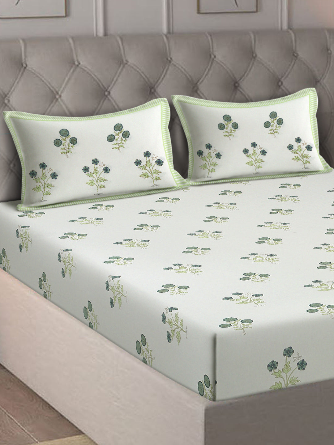 Rajasthan Decor Green and White Cotton Flower Print King Bed sheet with 2 Pillow Covers