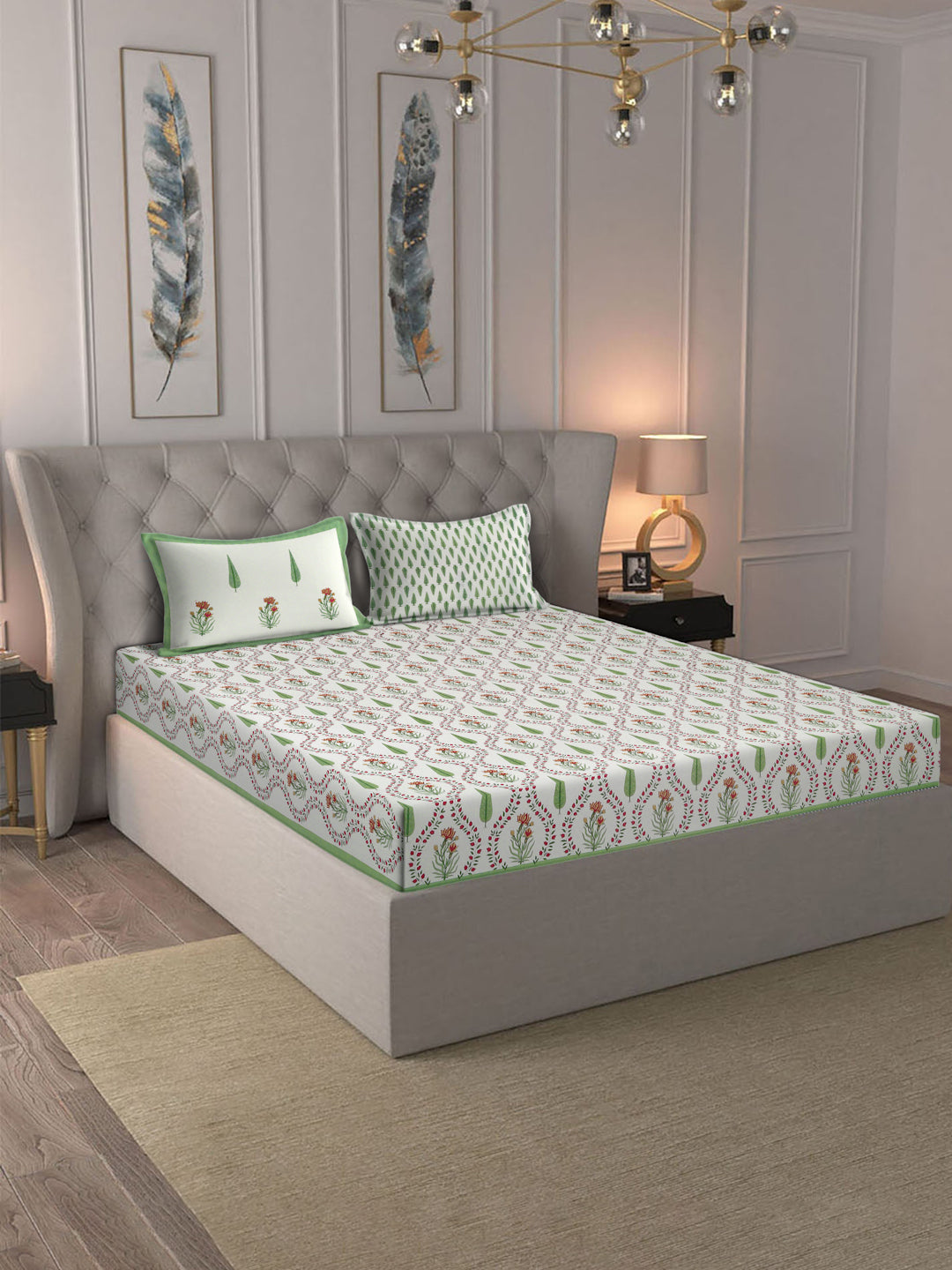 Rajasthan Decor White and Green  Cotton Flower Print King Bed sheet with 2 Pillow Covers