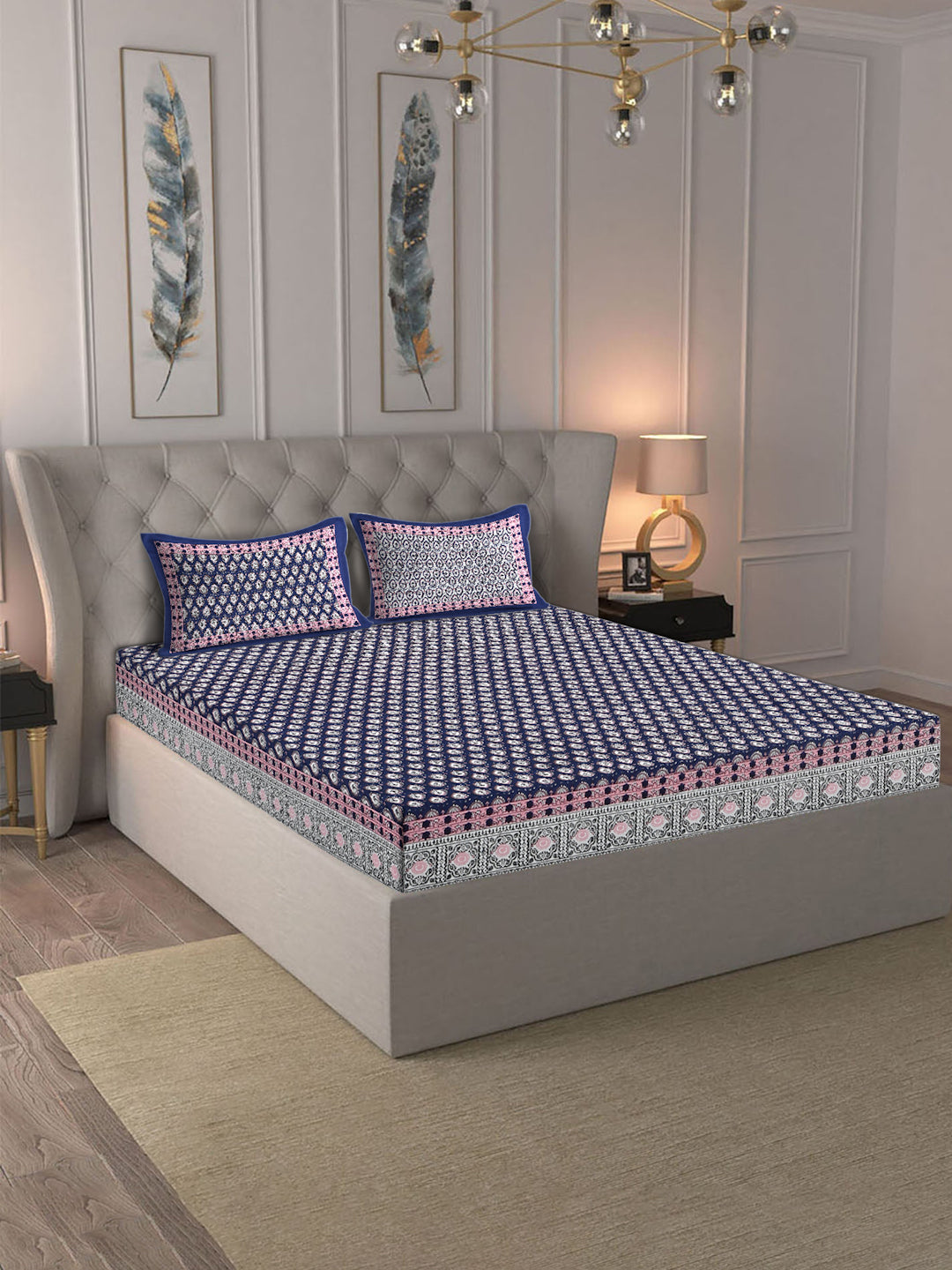Rajasthan Decor Blue And pink Cotton Buti Print King Bed sheet with 2 Pillow Covers
