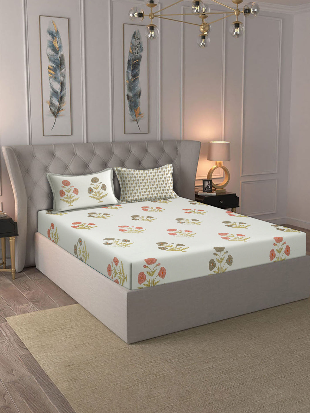 Rajasthan Decor White and Peach Cotton Flower Print King Bed sheet with 2 Pillow Covers
