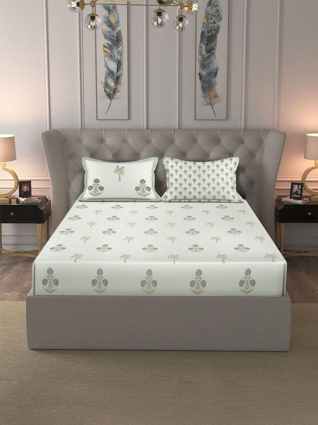 Rajasthan Decor White and Green Cotton Flower Print King Bed sheet with 2 Pillow Covers