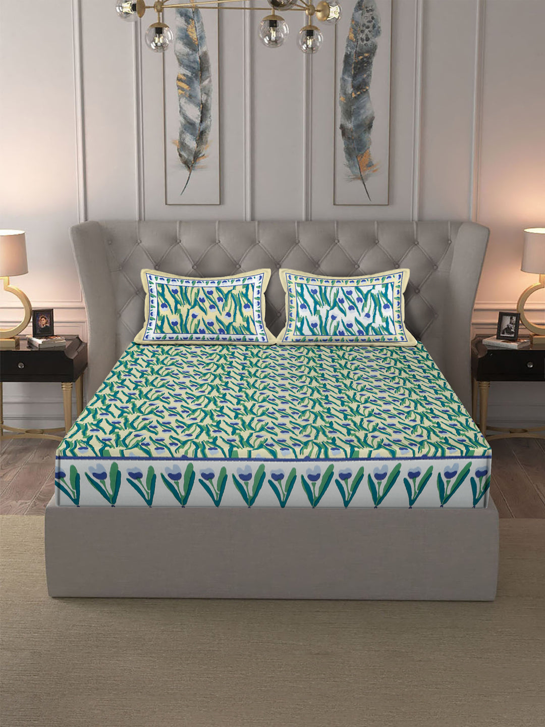 Rajasthan Decor Lemon  and Green  Cotton Tulip Print King Bed sheet with 2 Pillow Covers