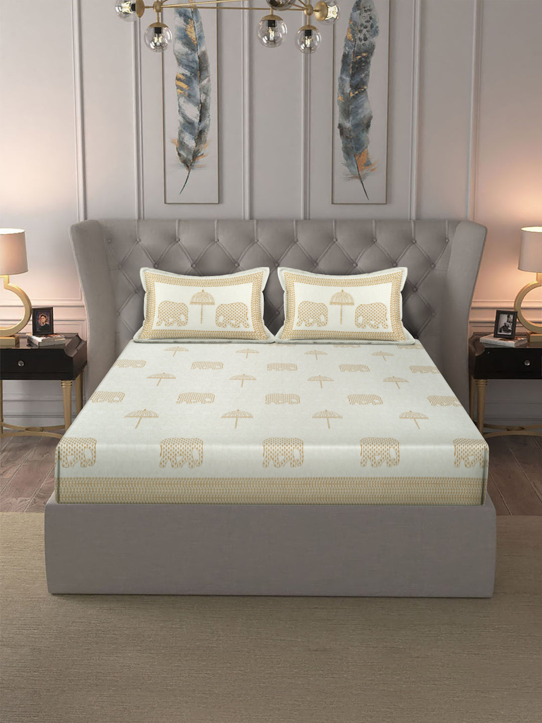 Rajasthan Decor White and Gold  Cotton animal Khadi Print King Bed sheet with 2 Pillow Covers
