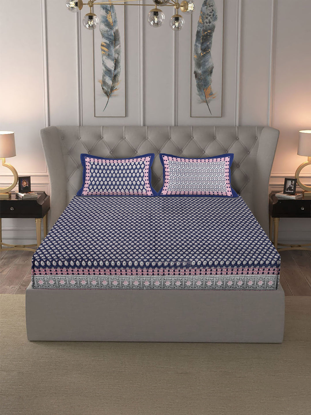 Rajasthan Decor Blue And pink Cotton Buti Print King Bed sheet with 2 Pillow Covers