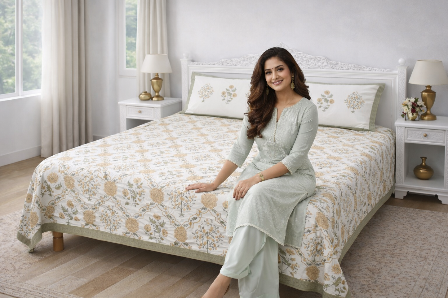 Jaipuri Hand Block Printed 100% Cotton King Size Bedsheet with 2 Pillow Covers