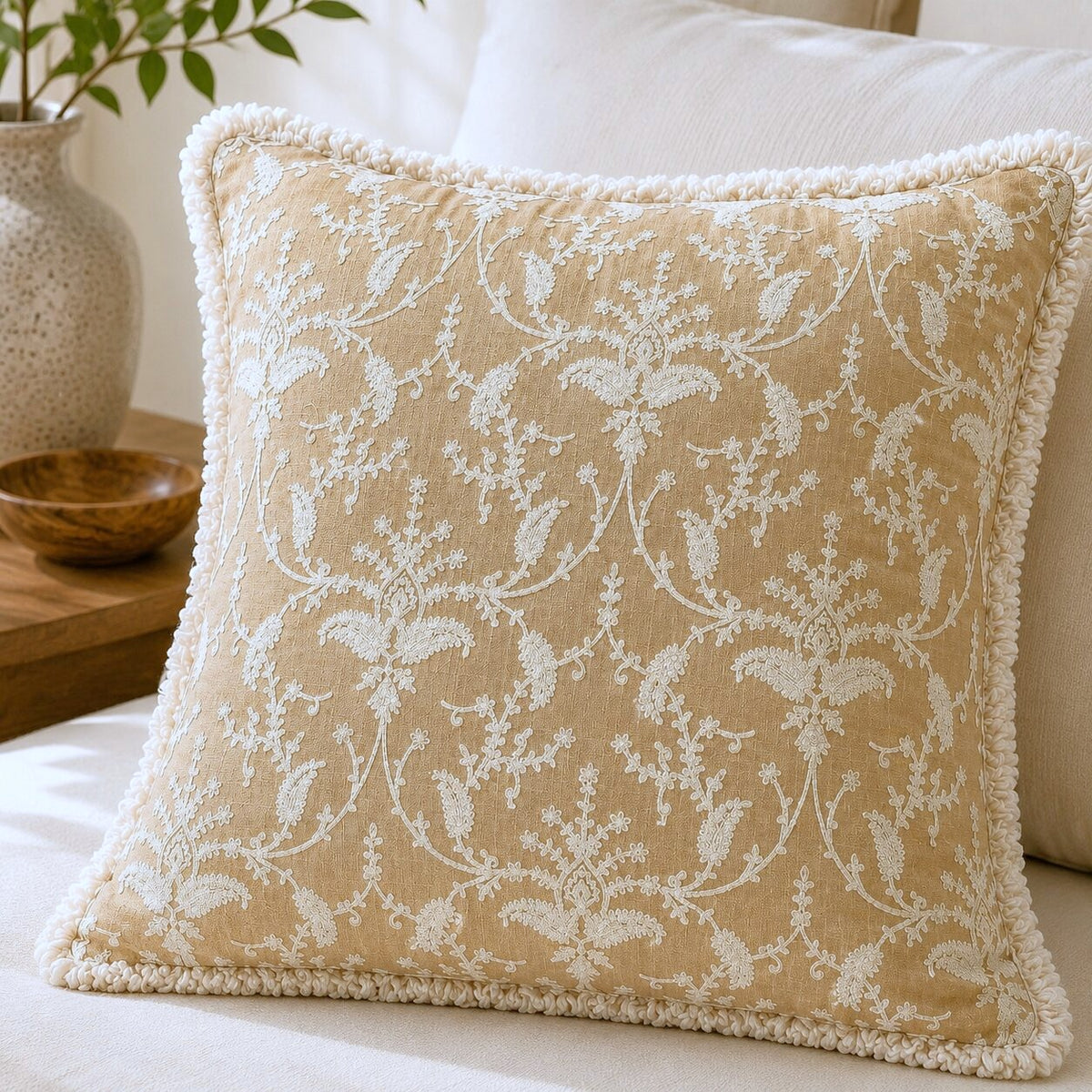 Sand Beige Floral Hand Embroidered Cushion Cover | Set of 2c