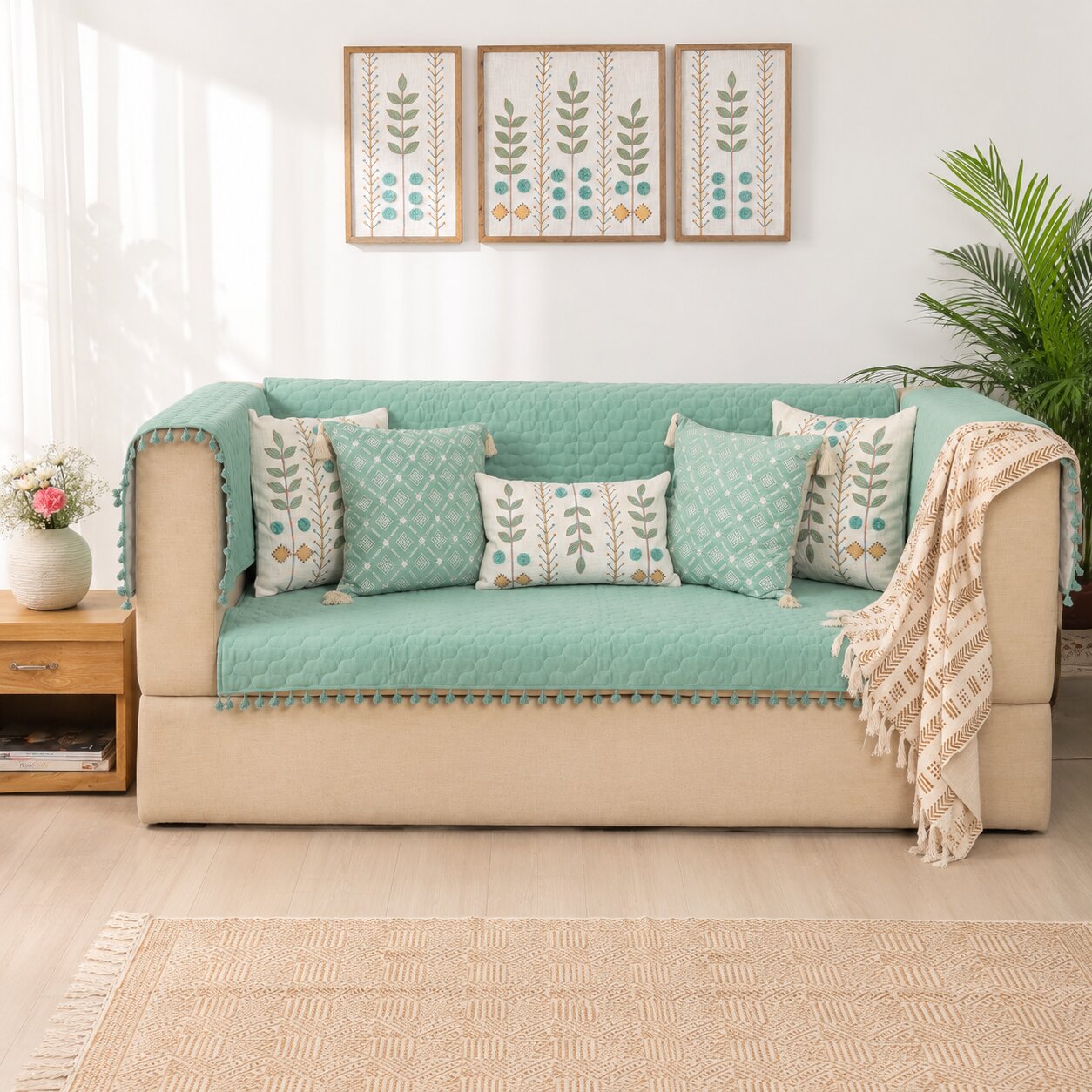 Quilted Sofa Cover & 5 Cushion Cover Set β Sage Green | Soft Cotton Blend Living Room Set
