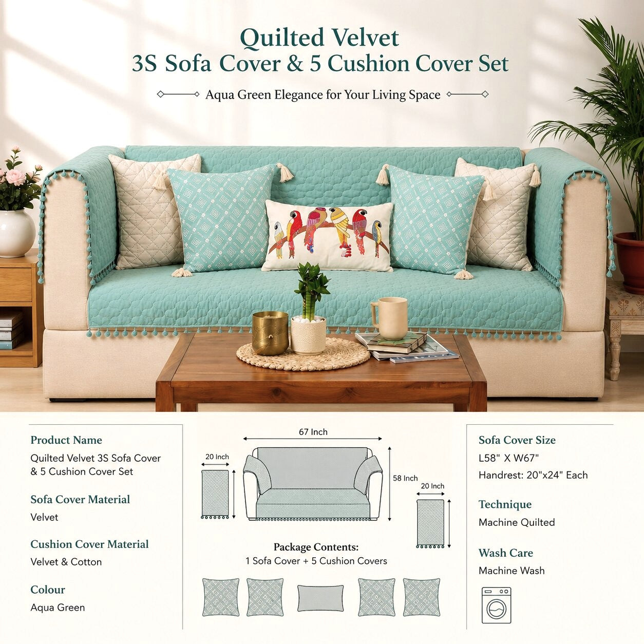Quilted Sofa Cover & 5 Cushion Cover Set – Aqua Mint | Soft Velvet Furniture Protector