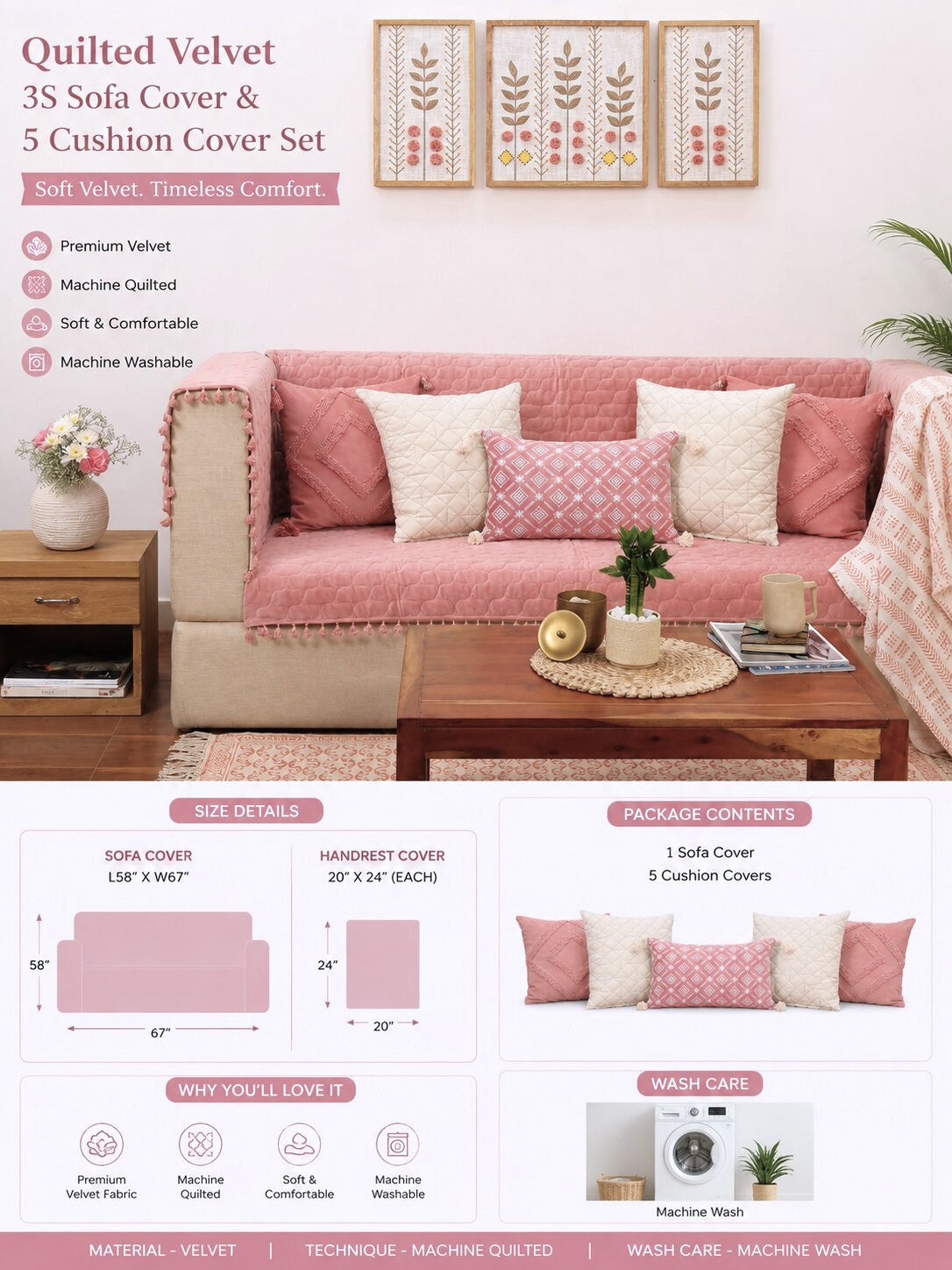 Pink Quilted Velvet Sofa Cover Set | 3 Seater Sofa Cover with 5 Cushion Covers