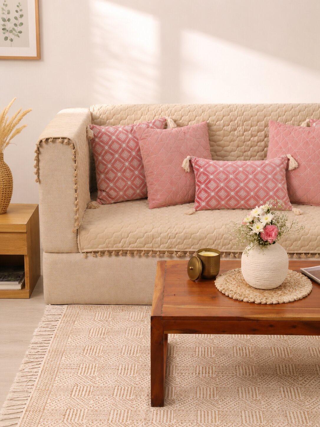 Ivory Sofa Cover Set | Quilted Cover with 5 Cushion Covers