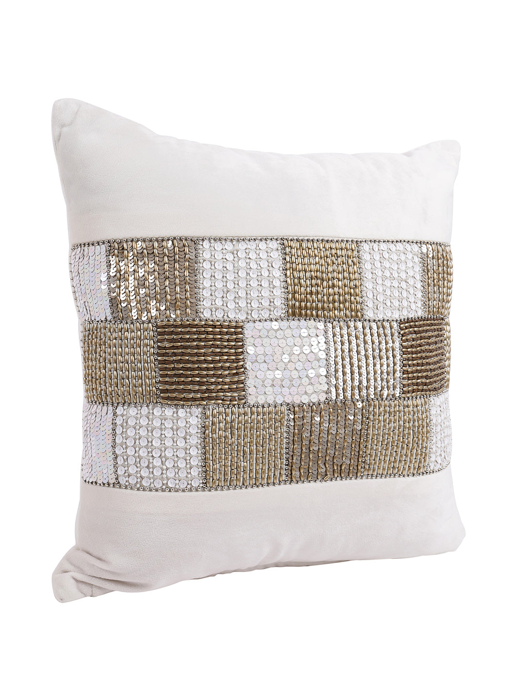 Eyda Velvet Ivory Color Beaded Cushion Cover Set of 2-18x18 Inch
