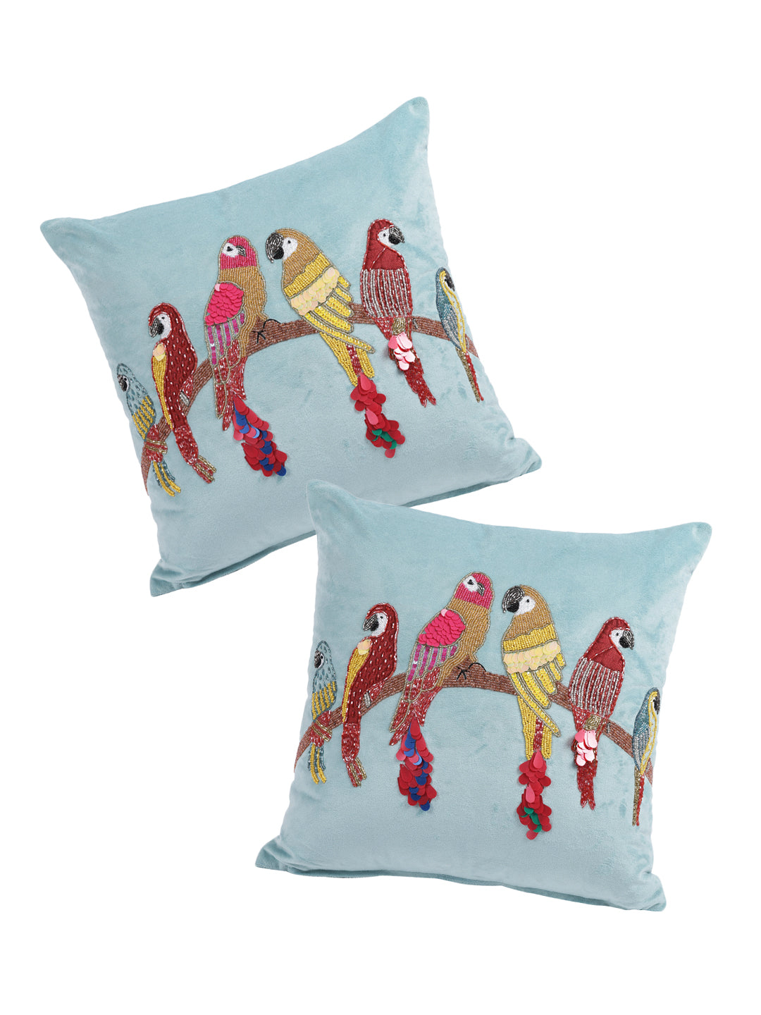Eyda Velvet Aqua Color Beaded Sequin Cushion Cover Set of 2-18x18 Inch