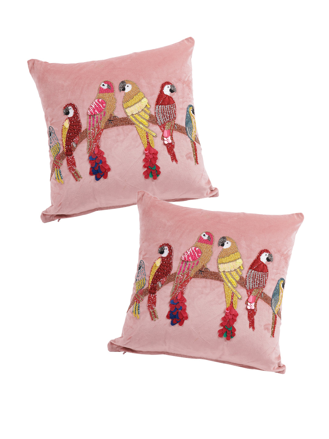 Eyda Velvet Peach Color Beaded Sequin Cushion Cover Set of 2-18x18 Inch