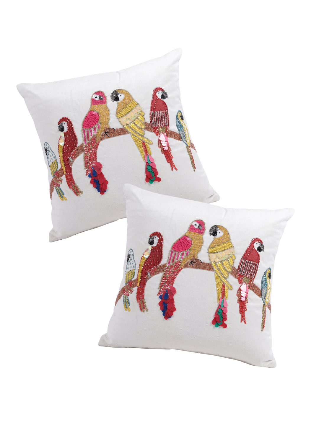 Eyda Velvet Ivory Color Beaded Sequin Cushion Cover Set of 2-18x18 Inch