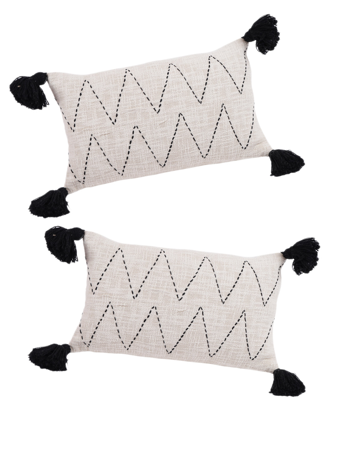 Eyda Jute Cotton Hand Work Cushion Covers Set of 2-12x20 Inch