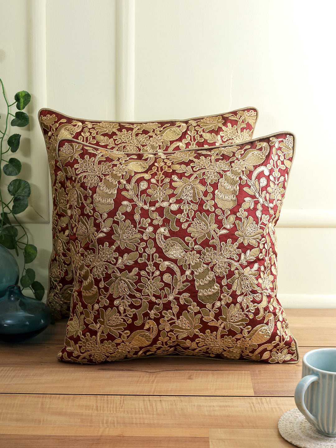 Eyda Red and Gold Embellished Set of 2 Cushion Cover-18x18 Inch