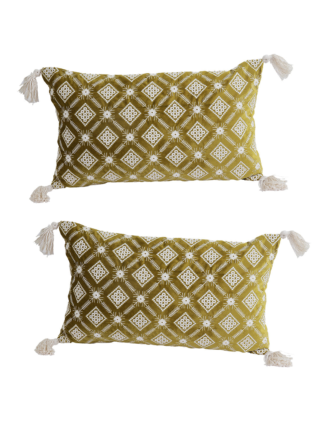 Eyda Super Soft Green Color Set of 2 Embroidered Cushion Cover-12x20 Inch