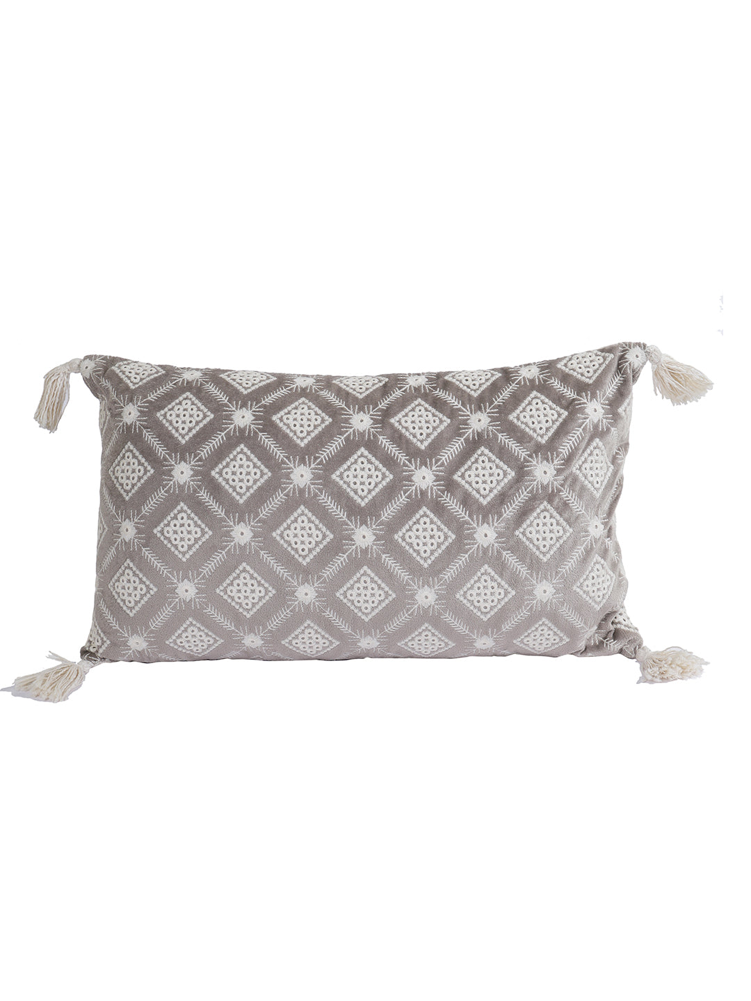 Eyda Super Soft Grey Color Set of 2 Embroidered Cushion Cover-12x20 Inch