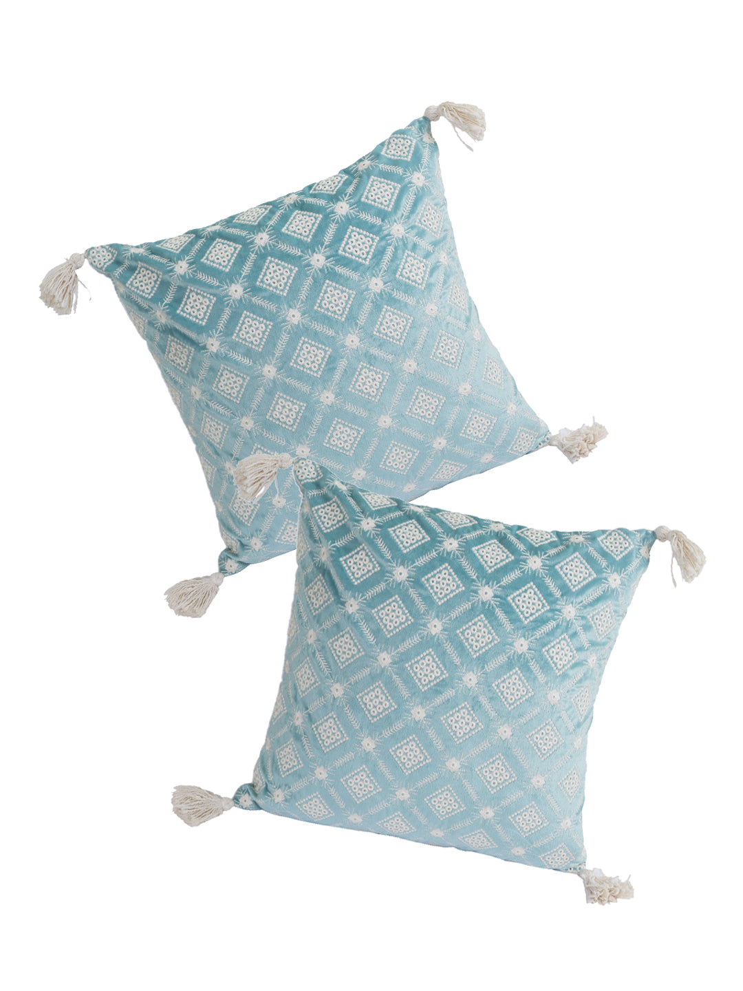 Eyda Super Soft Turquoise Blue Color Set of 2 Embroidered Cushion Cover-18x18 Inch