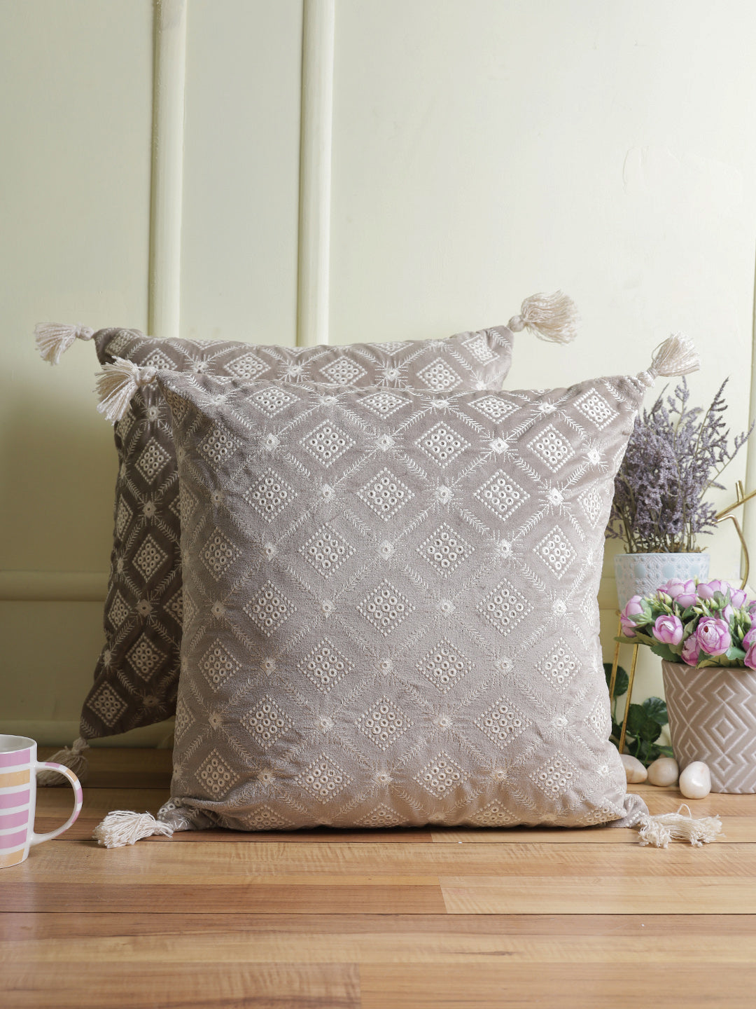 Eyda Super Soft Grey Color Set of 2 Embroidered Cushion Cover-18x18 Inch