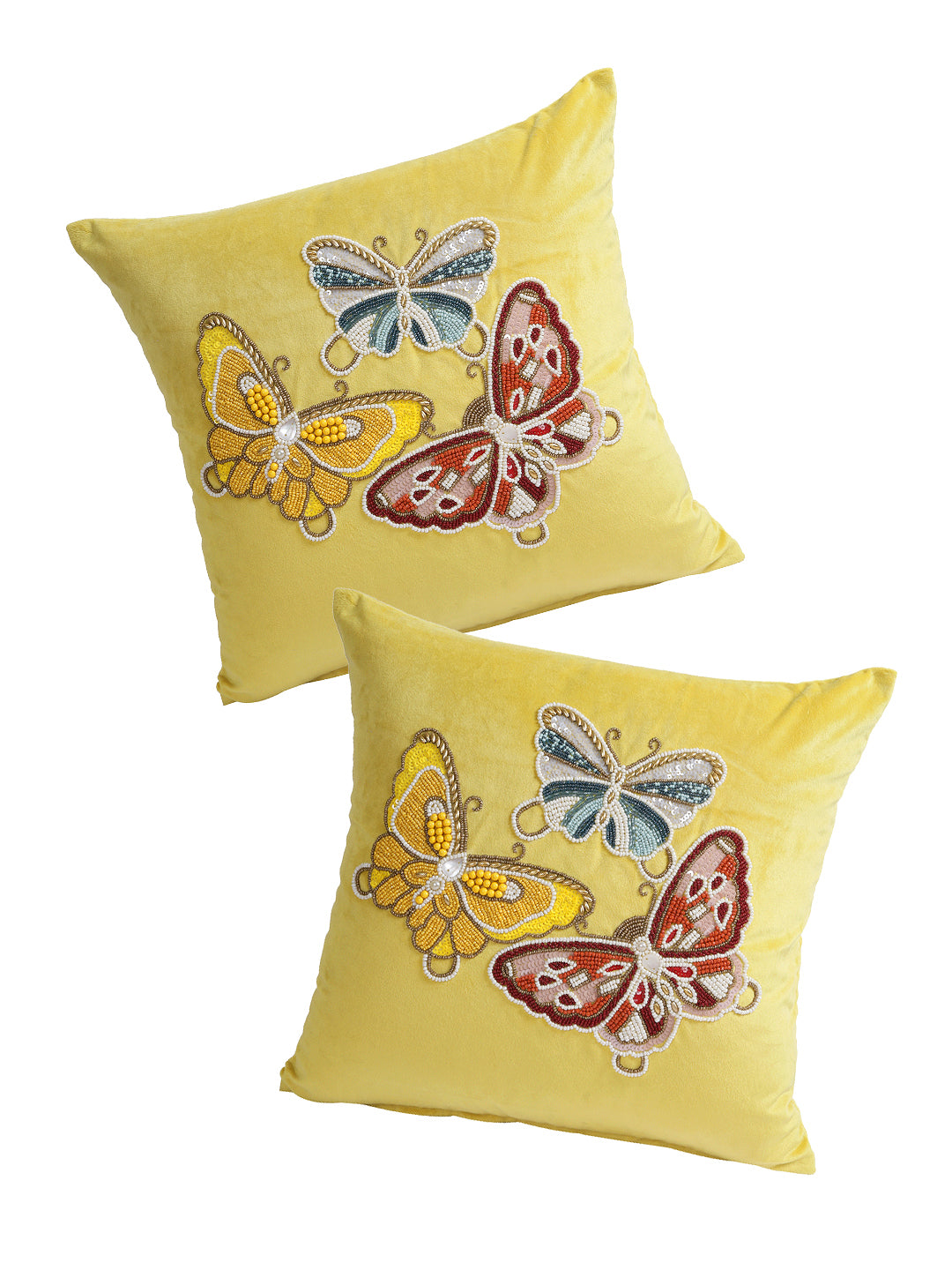 Eyda Velvet Yellow Color Beaded Sequin Set of 2 Cushion Cover-18x18 Inch
