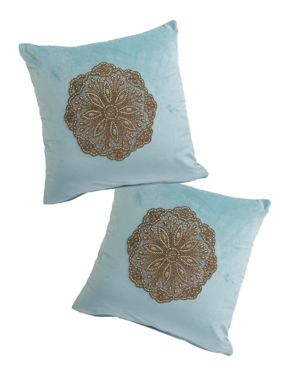 Eyda Velvet Aqua Color Beaded Cushion Cover Set of 2-18x18 Inch