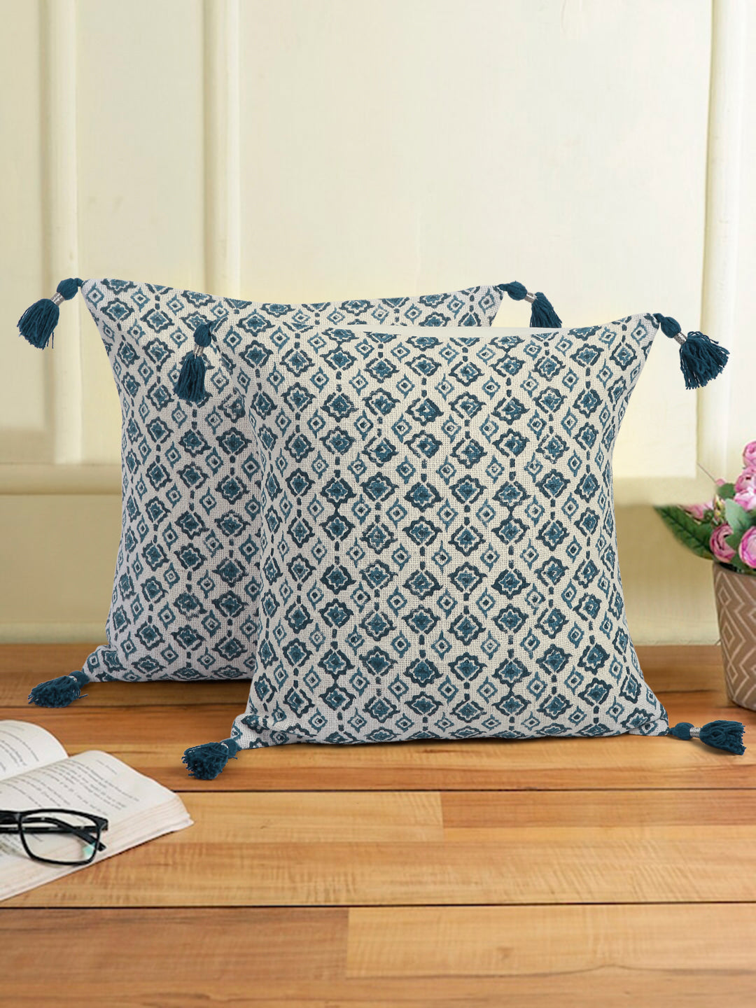 Hand Block Blue Color Cushion Cover set of 2(18x18 Inch)