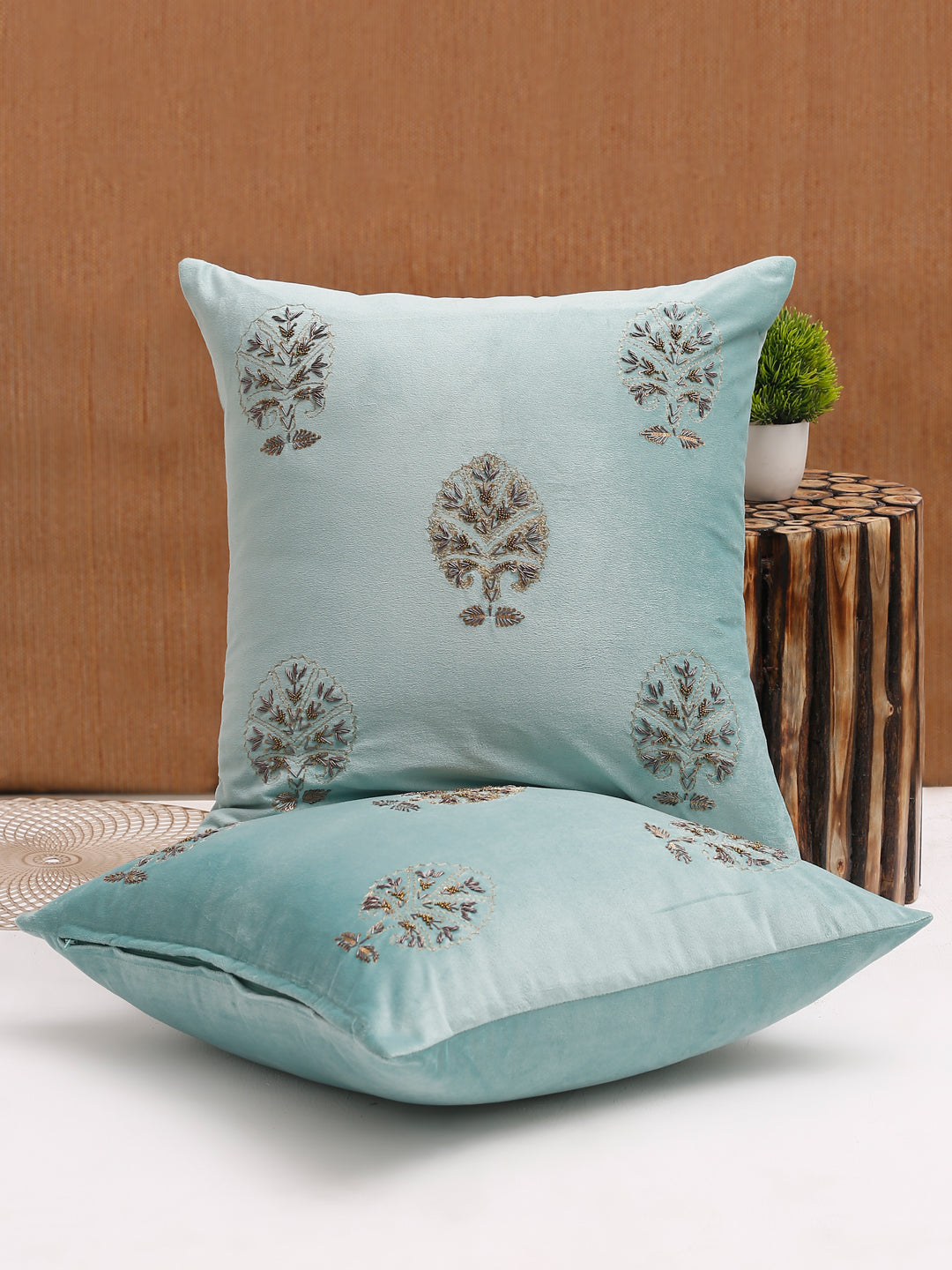 Aqua Color Velvet Hand Work Cushion Cover Set of 2 (18x18 Inch)