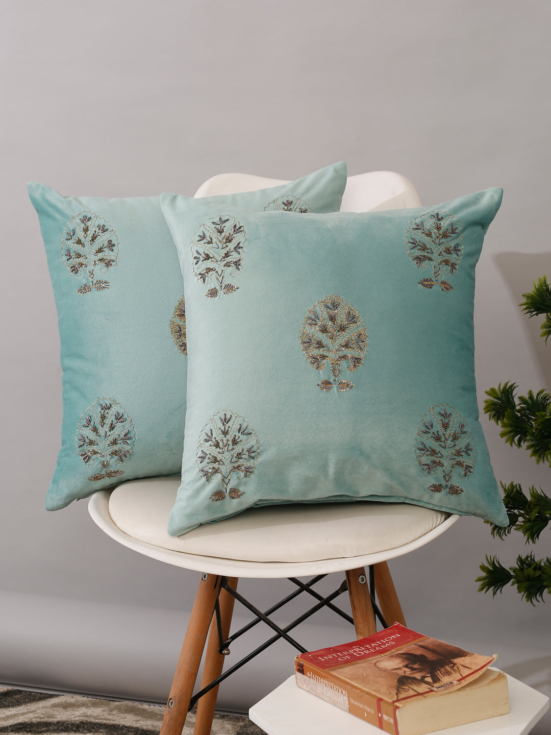 Aqua Color Velvet Hand Work Cushion Cover Set of 2 (18x18 Inch)