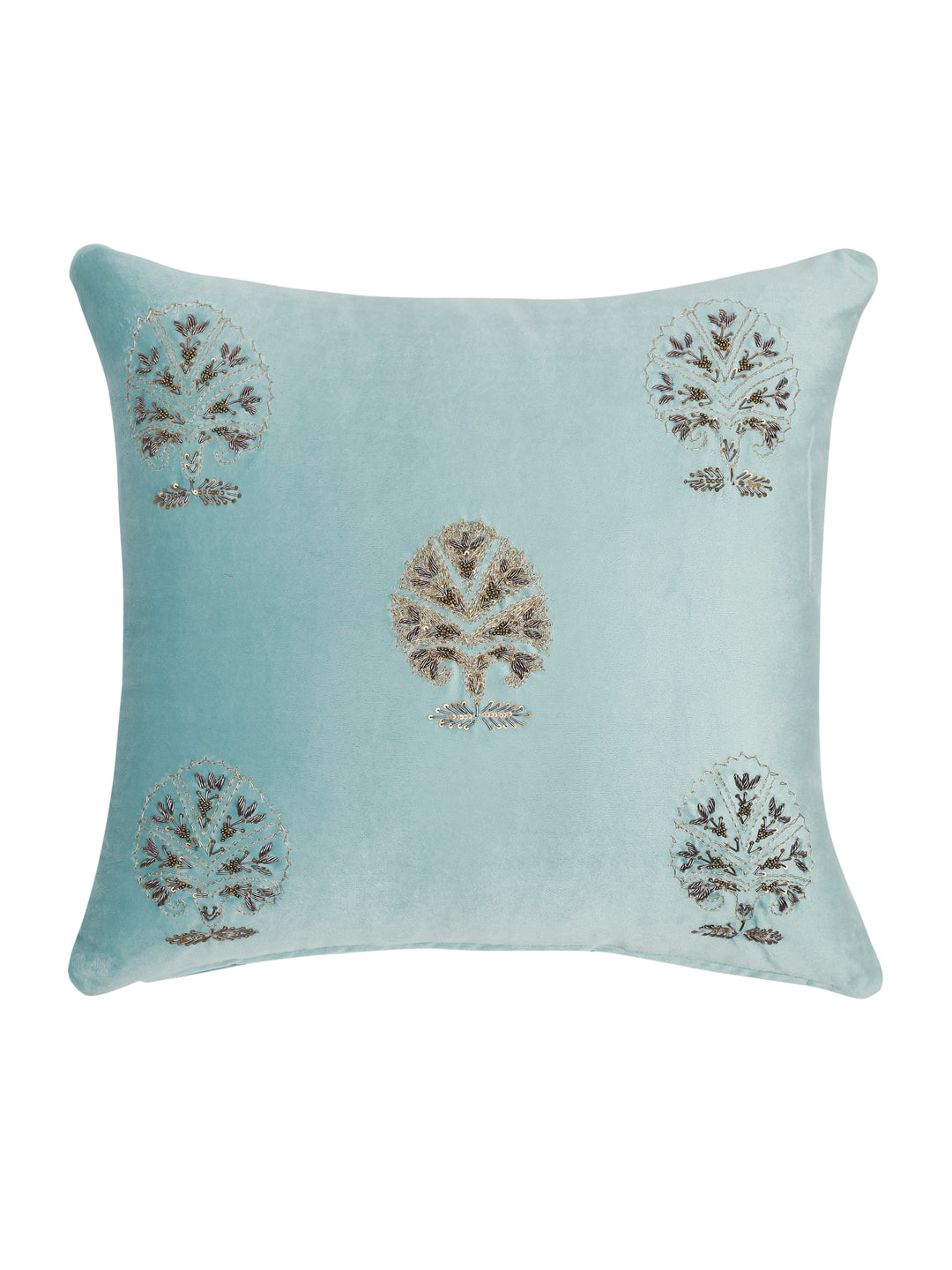 Aqua Color Velvet Hand Work Cushion Cover Set of 2 (18x18 Inch)