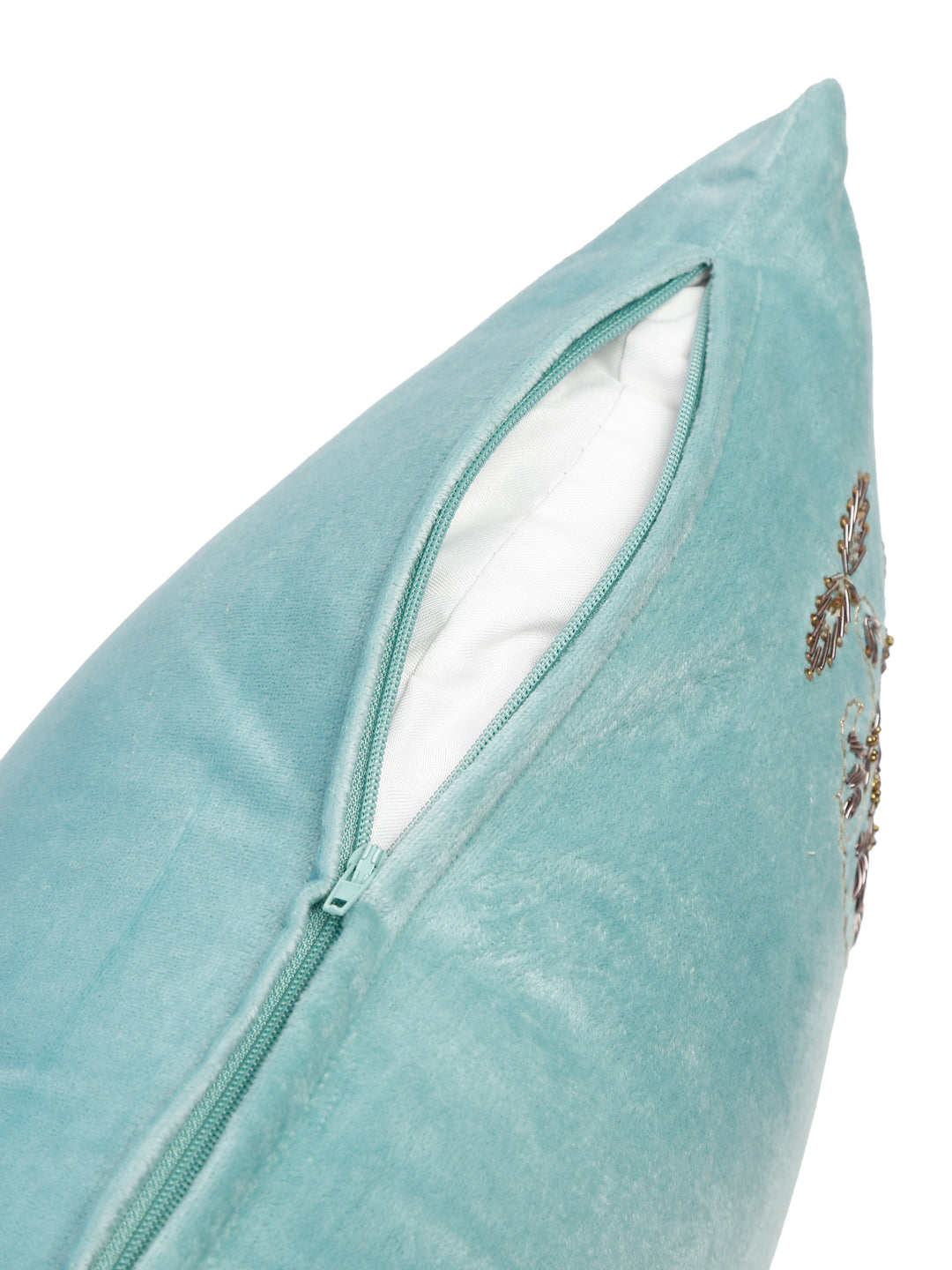 Aqua Color Velvet Hand Work Cushion Cover Set of 2 (18x18 Inch)