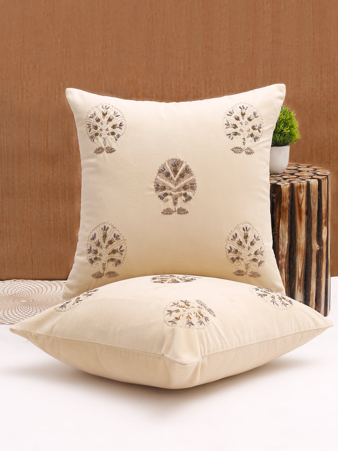 Ivory Color Velvet Hand Work Cushion Cover Set of 2 (18x18 Inch)