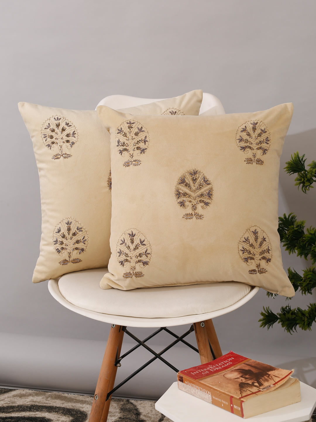 Ivory Color Velvet Hand Work Cushion Cover Set of 2 (18x18 Inch)