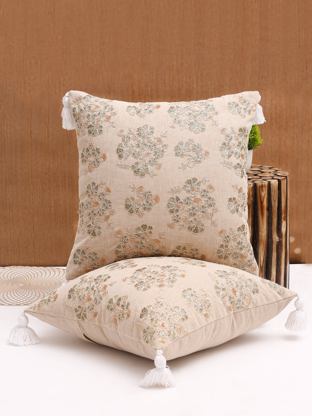 Beige Color Cotton Hand Work Cushion Cover Set of 2 (18x18 Inch)