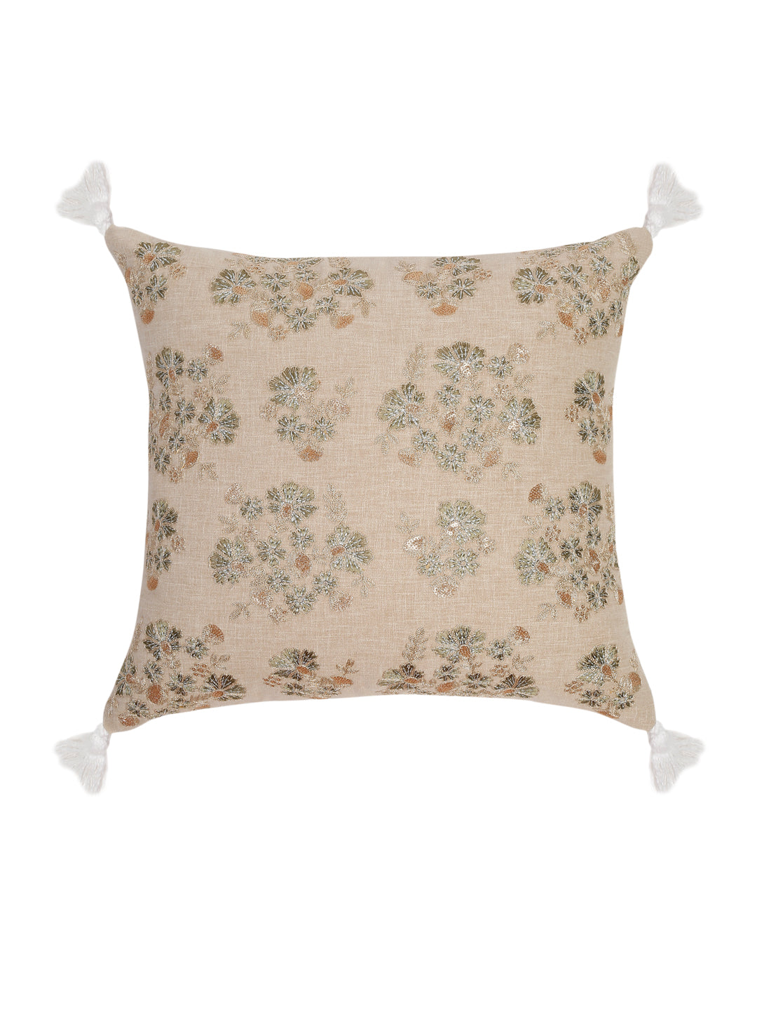 Beige Color Cotton Hand Work Cushion Cover Set of 2 (18x18 Inch)