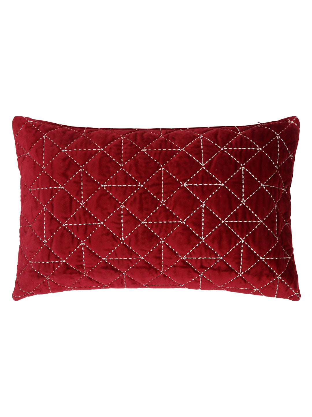 Velvet Maroon Color Set of 2 Quilted Cushion Cover (12x20 Inch)