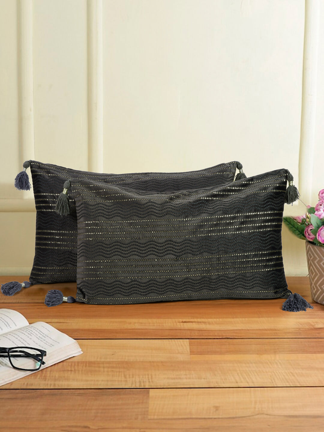 Grey Color Embroidered Cushion Cover Set of 2 (12x28 Inch)