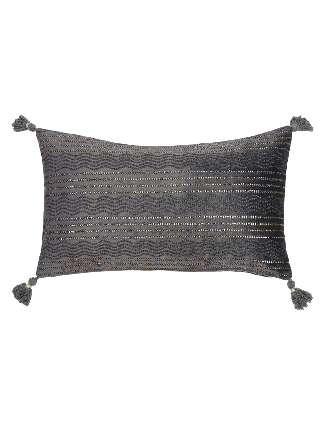 Grey Color Embroidered Cushion Cover Set of 2 (12x28 Inch)