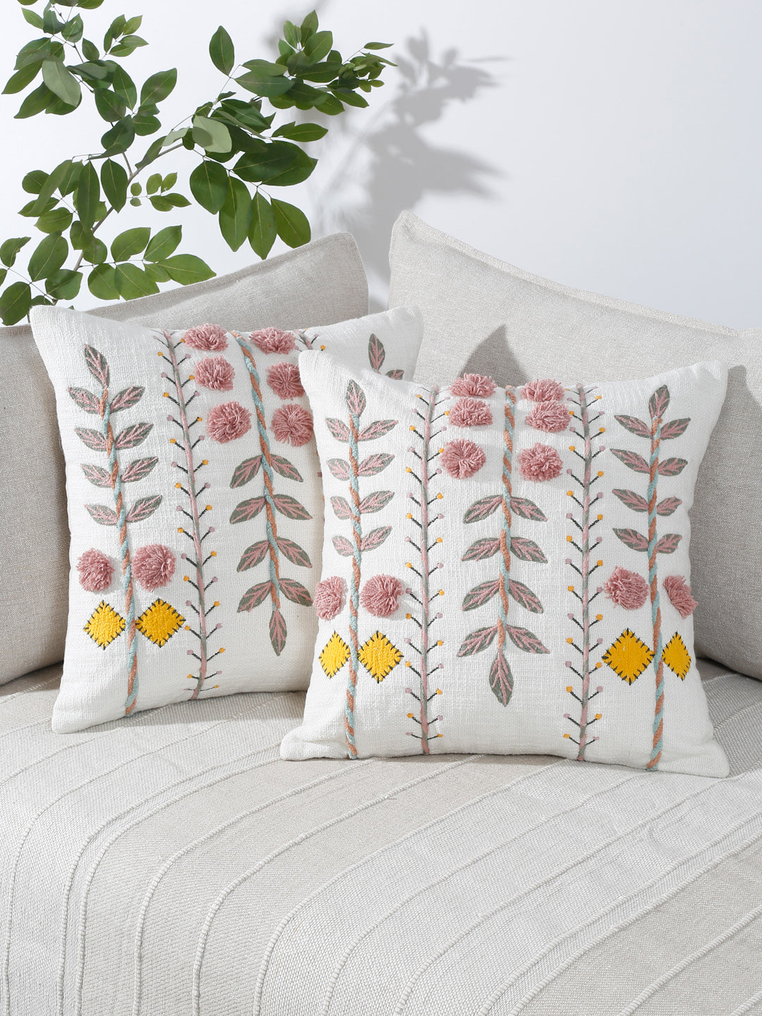 Eyda Embroidered Cotton Cushion Covers Set of 2-18x18 inch