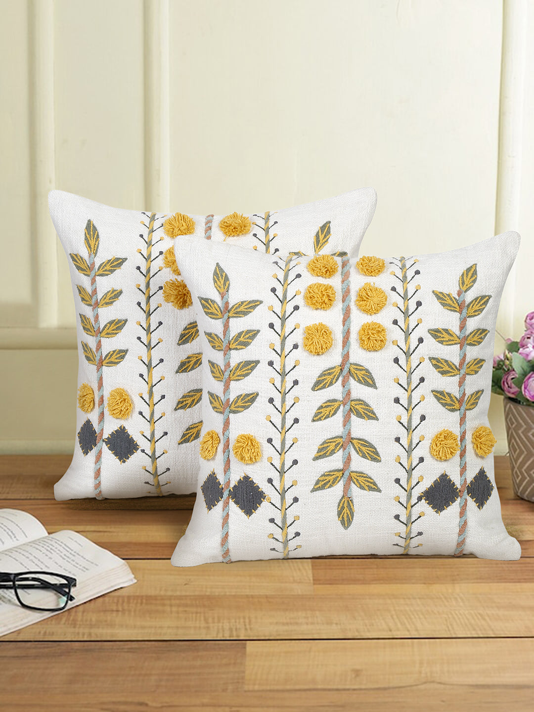 Eyda Embroidered Cotton Cushion Covers Set of 2-18x18 inch