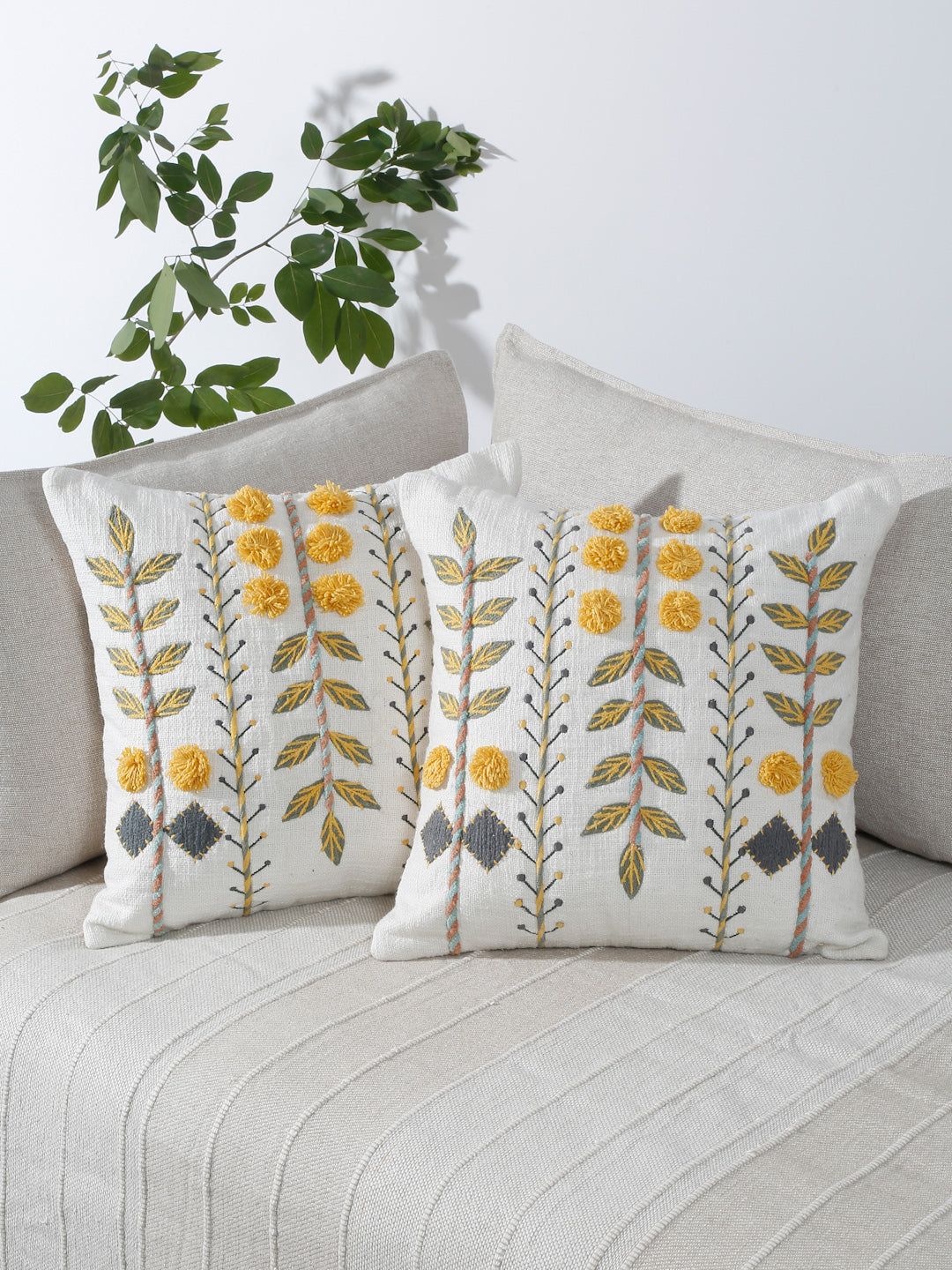 Eyda Embroidered Cotton Cushion Covers Set of 2-18x18 inch