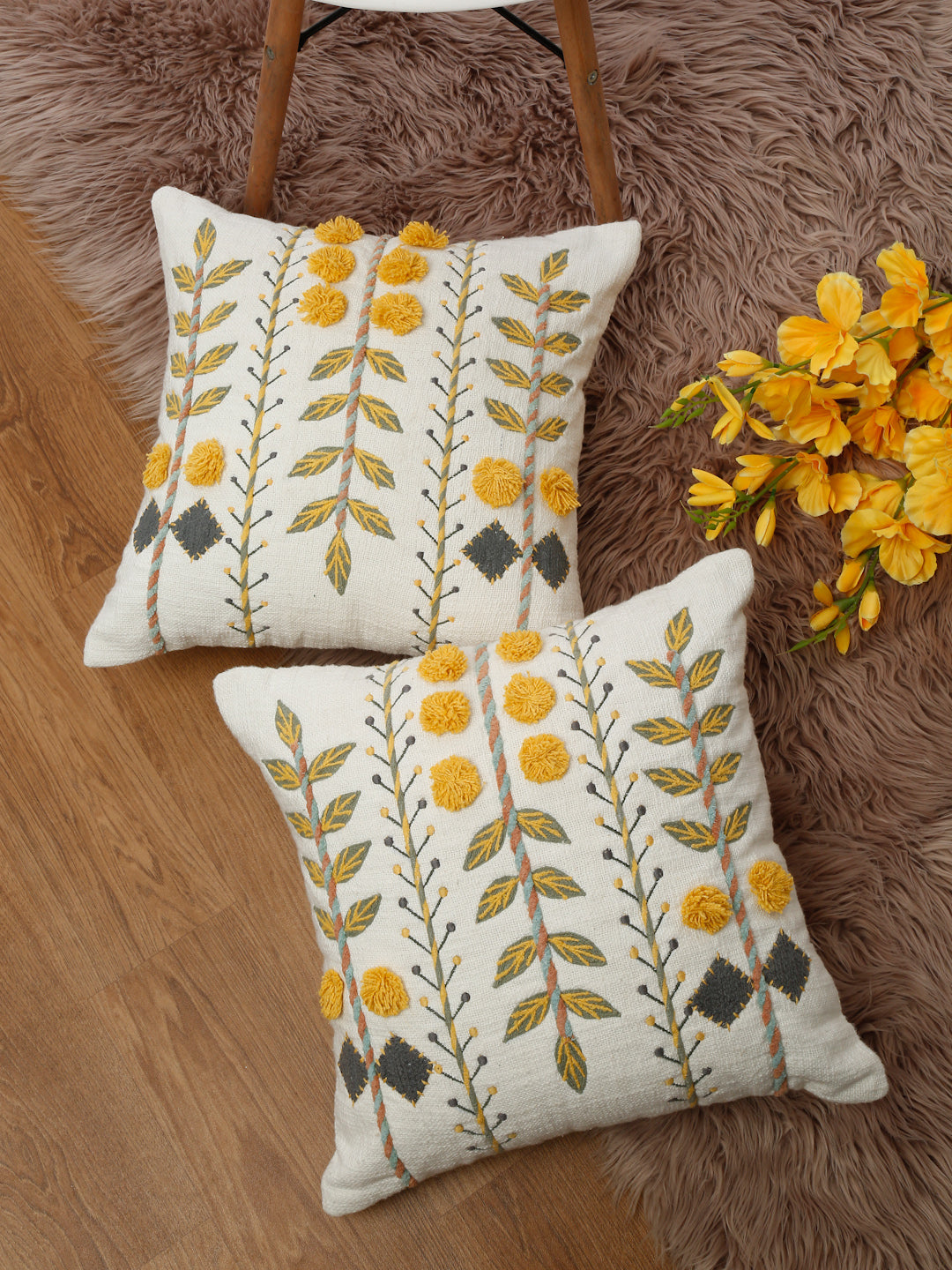 Eyda Embroidered Cotton Cushion Covers Set of 2-18x18 inch
