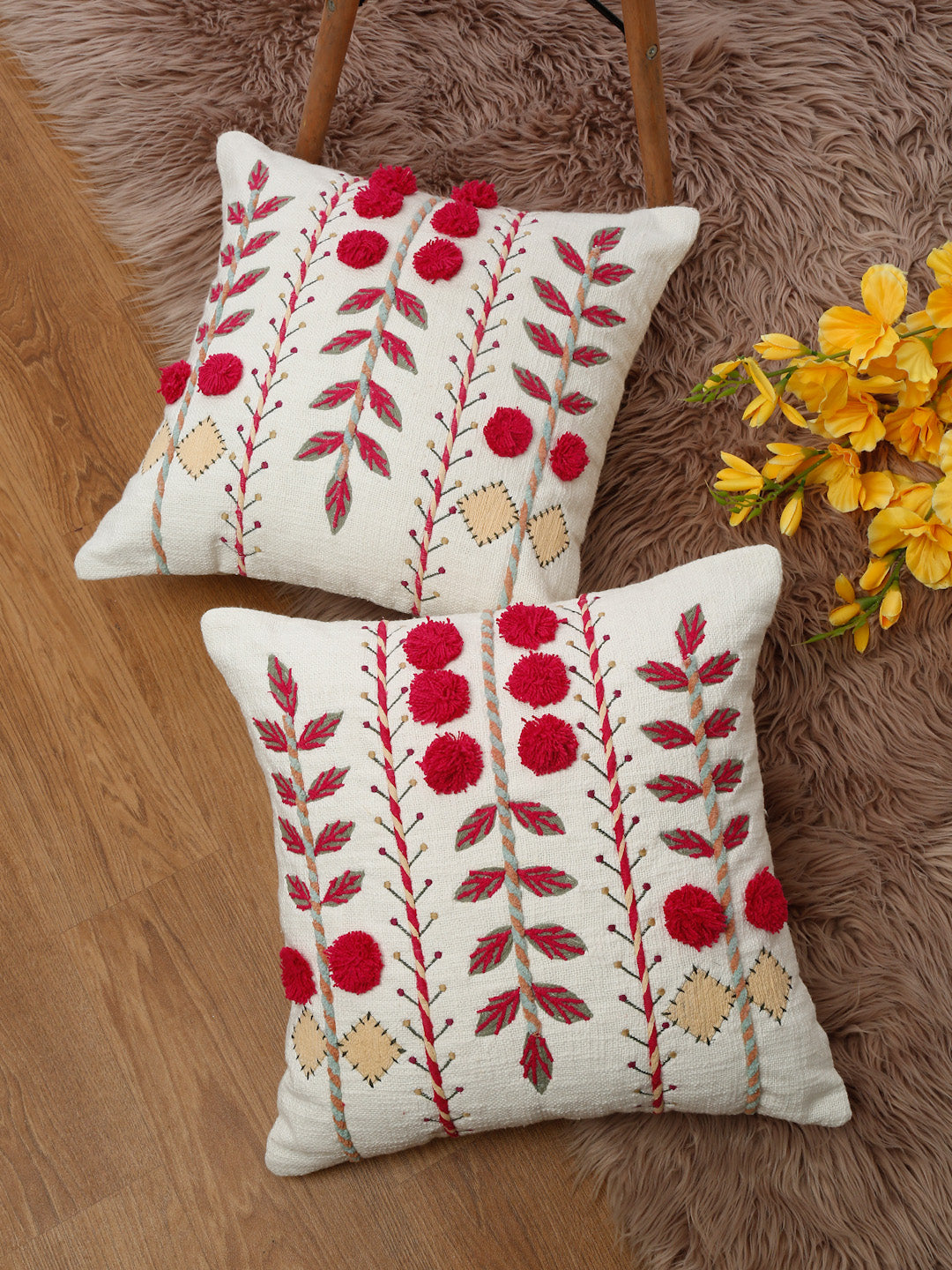 Eyda Embroidered Cotton Cushion Covers Set of 2-18x18 inch