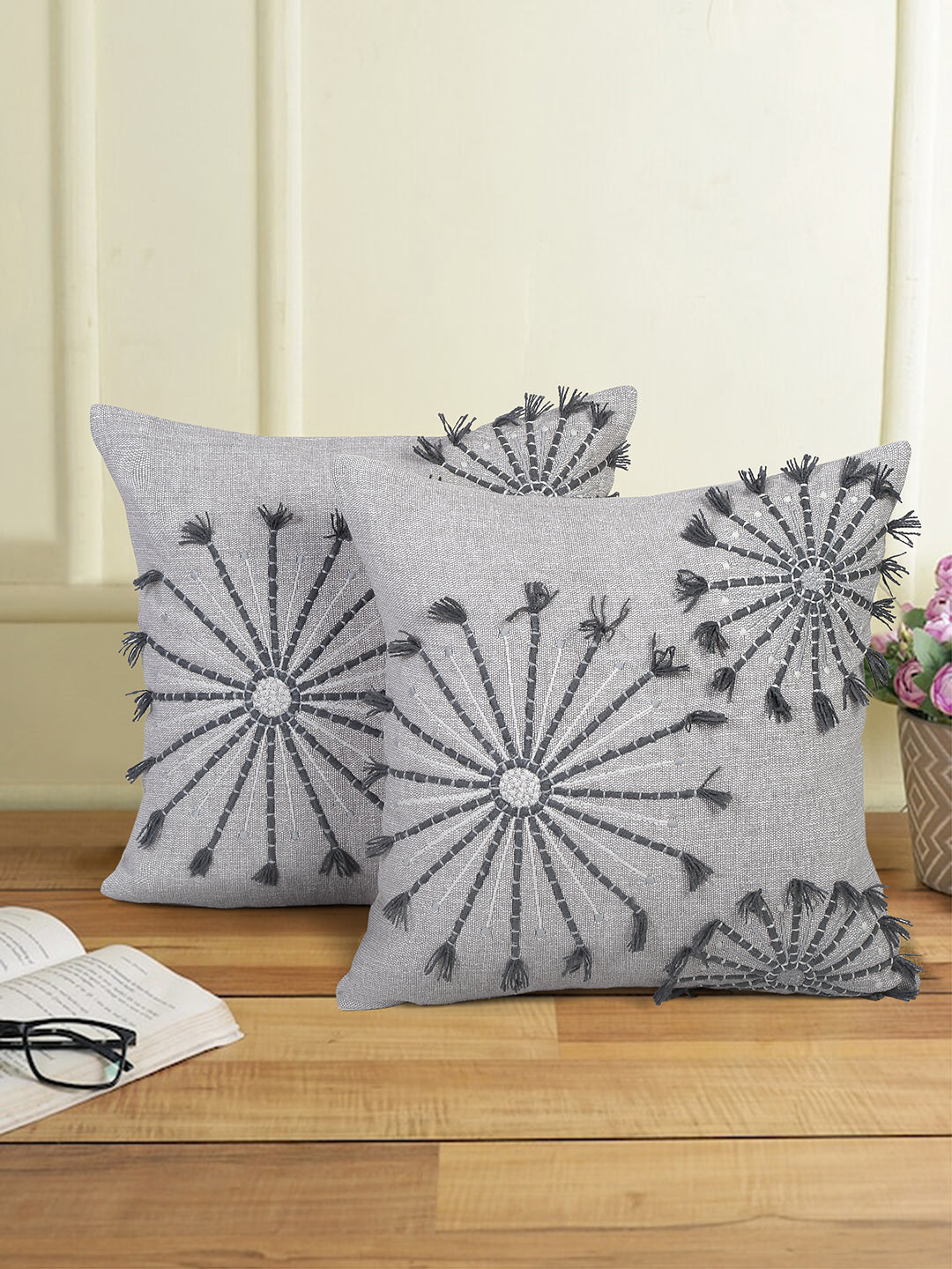 Eyda Embroidered Cotton Cushion Covers Set of 2-18x18 inch